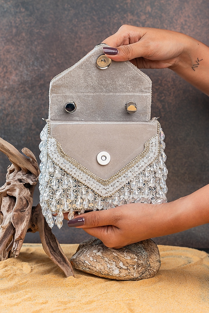 Silver Silk Crystal Embroidered Box Clutch by Nayaab by Sonia at Pernia's Pop Up Shop