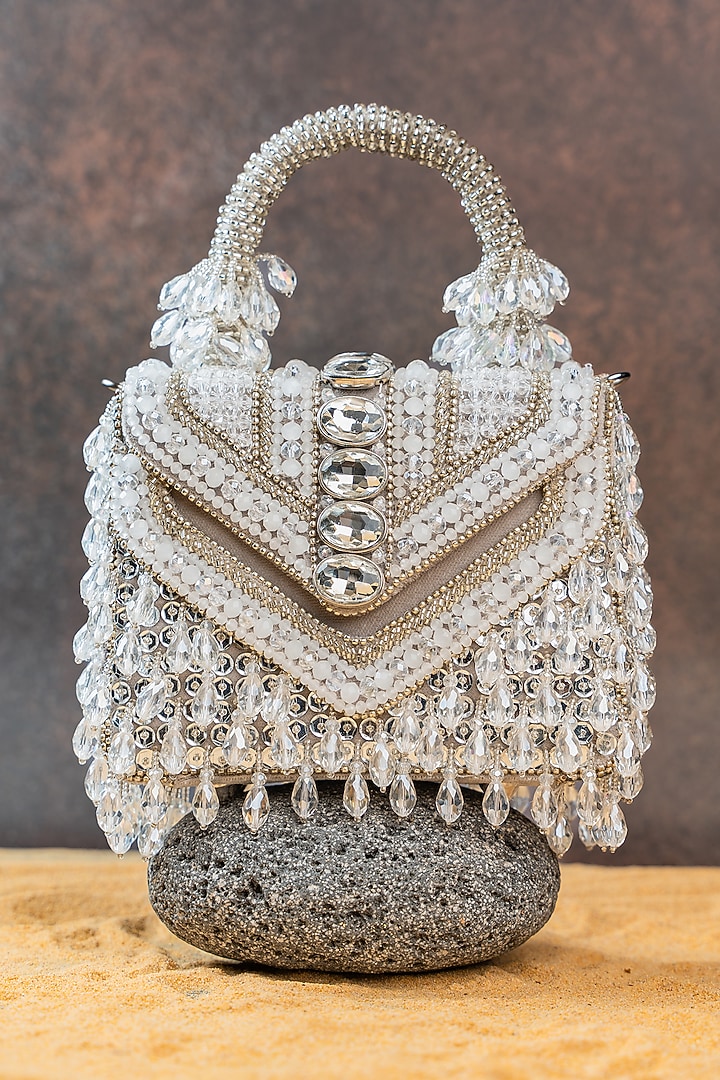 Silver Silk Crystal Embroidered Box Clutch by Nayaab by Sonia at Pernia's Pop Up Shop