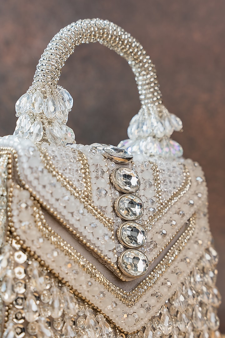 Silver Silk Crystal Embroidered Box Clutch by Nayaab by Sonia at Pernia's Pop Up Shop