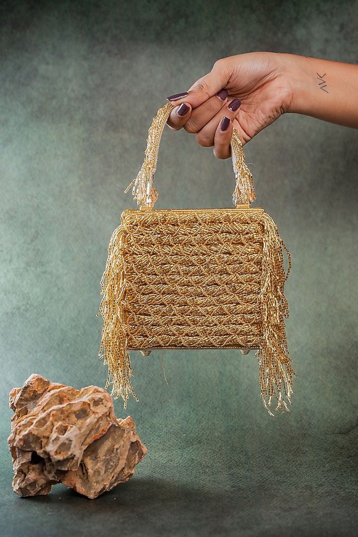Gold Silk Crystal Embroidered Clutch by Nayaab by Sonia at Pernia's Pop Up Shop