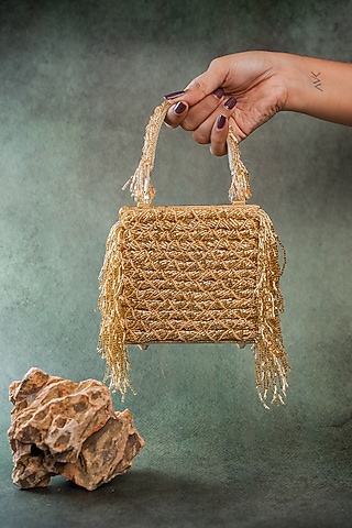 Gold Silk Crystal Embroidered Clutch by Nayaab by Sonia