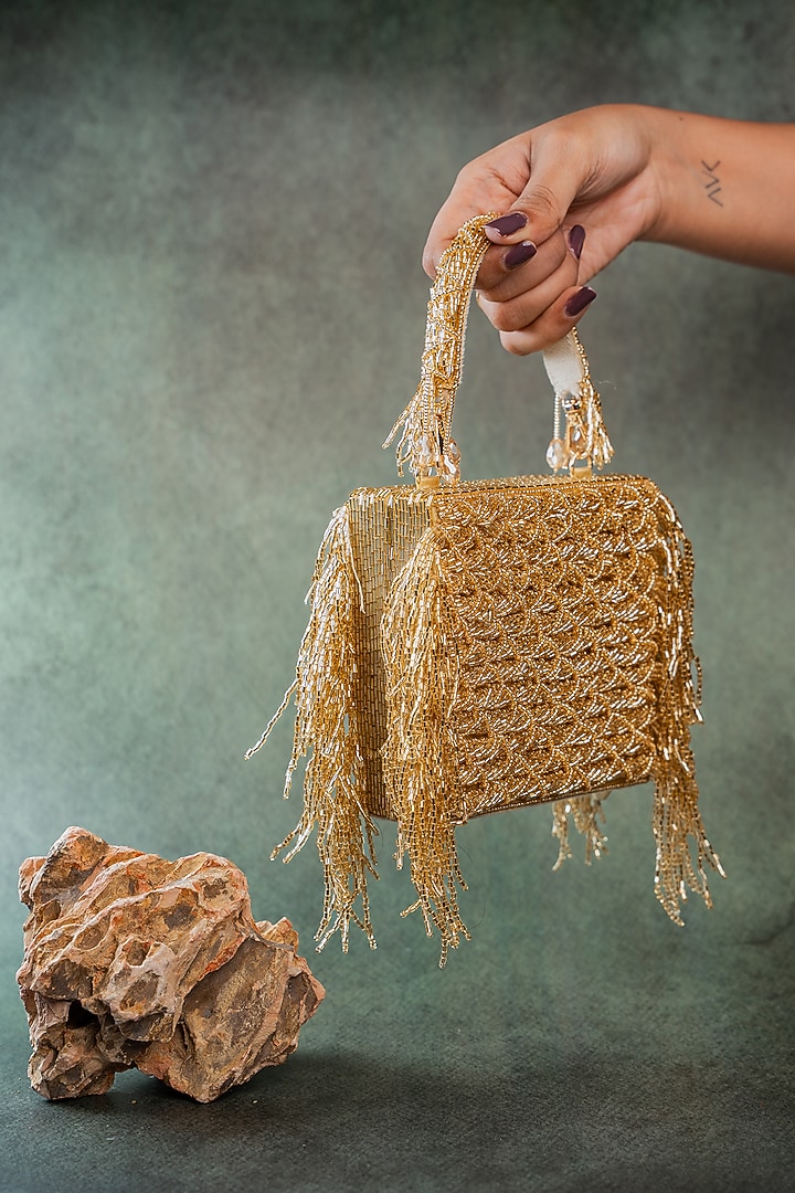 Gold Silk Crystal Embroidered Clutch by Nayaab by Sonia at Pernia's Pop Up Shop