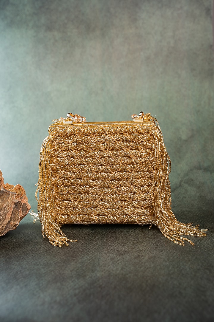 Gold Silk Crystal Embroidered Clutch by Nayaab by Sonia at Pernia's Pop Up Shop
