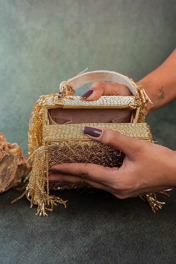 Gold Silk Crystal Embroidered Clutch by Nayaab by Sonia at Pernia's Pop Up Shop