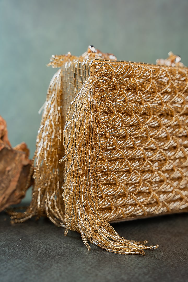 Gold Silk Crystal Embroidered Clutch by Nayaab by Sonia at Pernia's Pop Up Shop