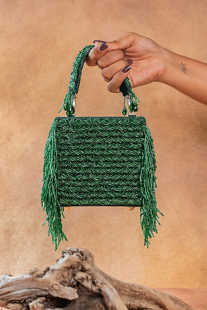 Emerald Green Silk Thread Embroidered Clutch by Nayaab by Sonia at Pernia's Pop Up Shop