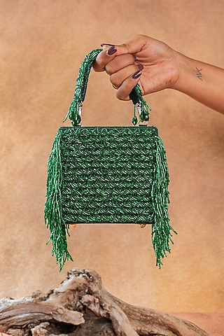 Emerald Green Silk Thread Embroidered Clutch by Nayaab by Sonia