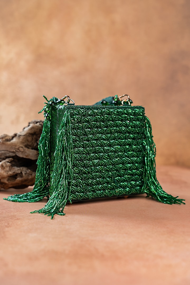 Emerald Green Silk Thread Embroidered Clutch by Nayaab by Sonia at Pernia's Pop Up Shop