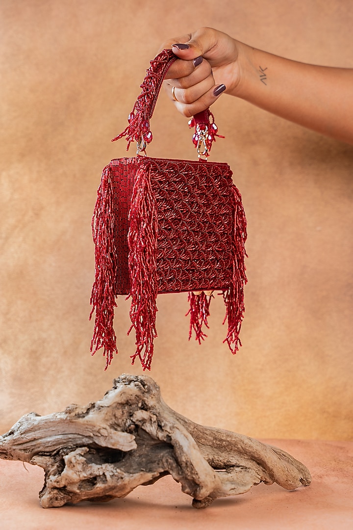 Red Silk Thread Embroidered Clutch by Nayaab by Sonia at Pernia's Pop Up Shop