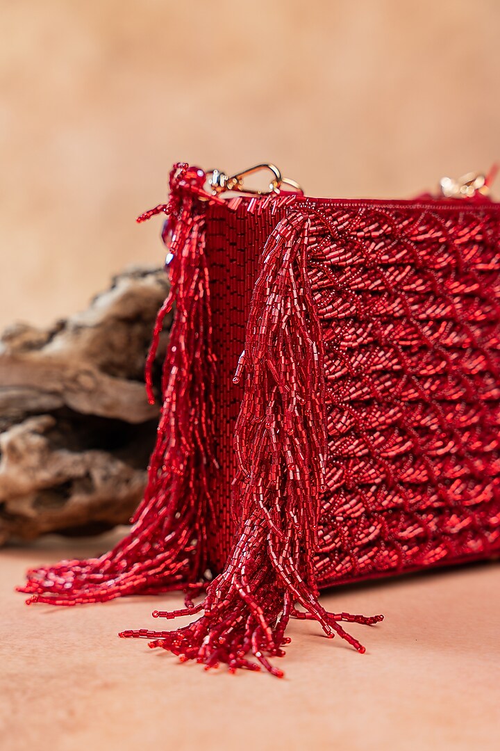 Red Silk Thread Embroidered Clutch by Nayaab by Sonia at Pernia's Pop Up Shop