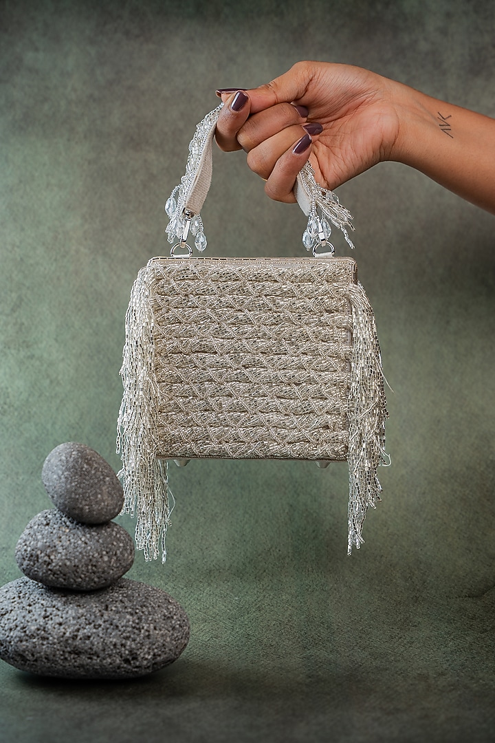 Silver Silk Thread Embroidered Clutch by Nayaab by Sonia at Pernia's Pop Up Shop