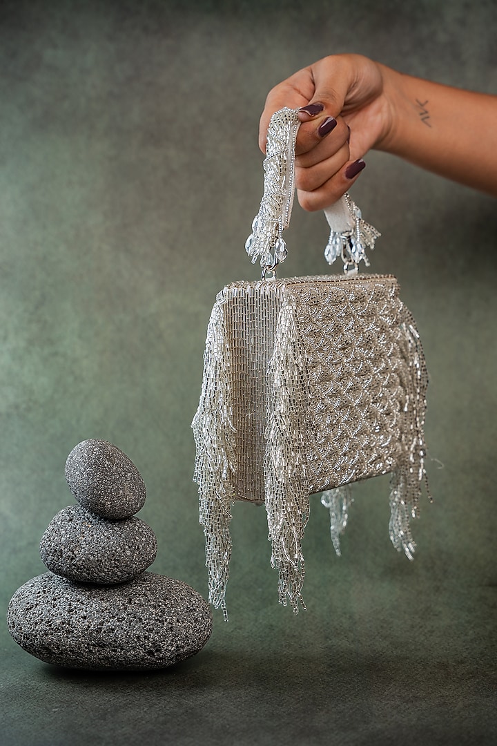 Silver Silk Thread Embroidered Clutch by Nayaab by Sonia at Pernia's Pop Up Shop