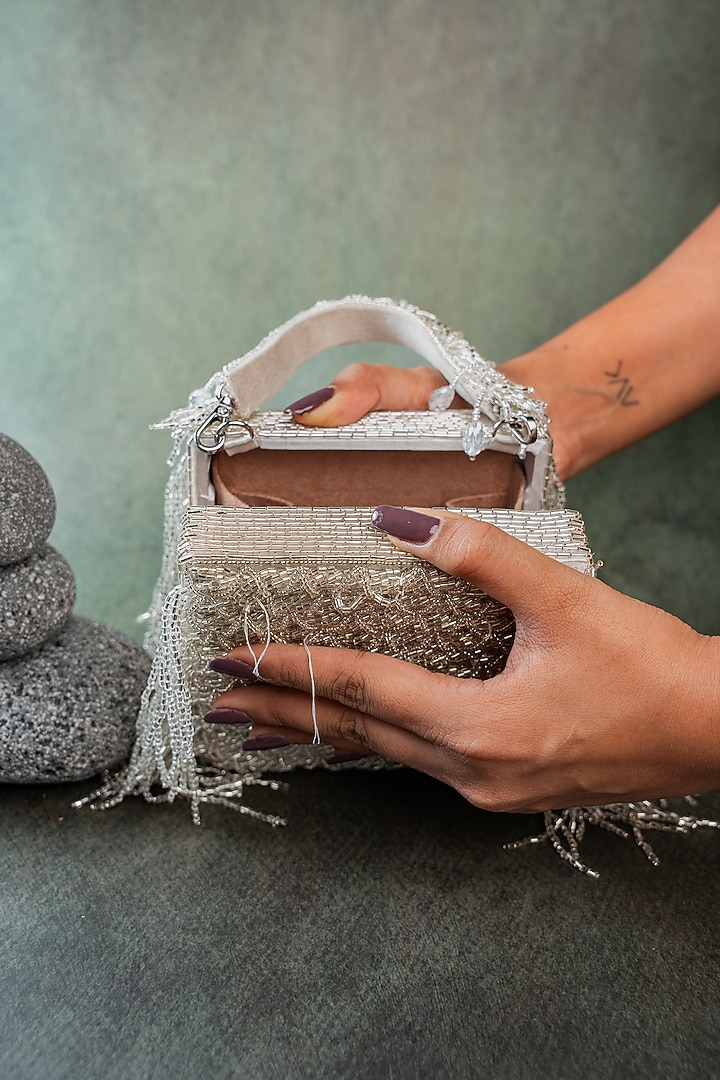 Silver Silk Thread Embroidered Clutch by Nayaab by Sonia at Pernia's Pop Up Shop