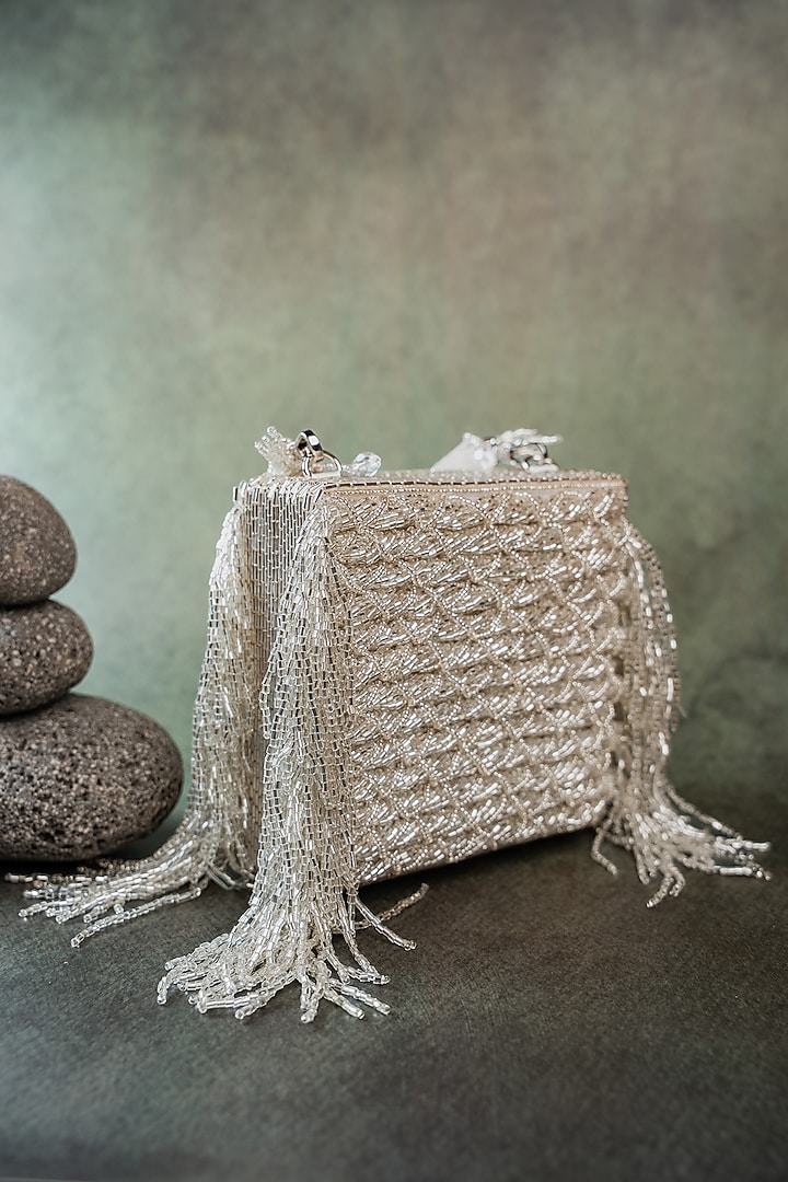 Silver Silk Thread Embroidered Clutch by Nayaab by Sonia at Pernia's Pop Up Shop
