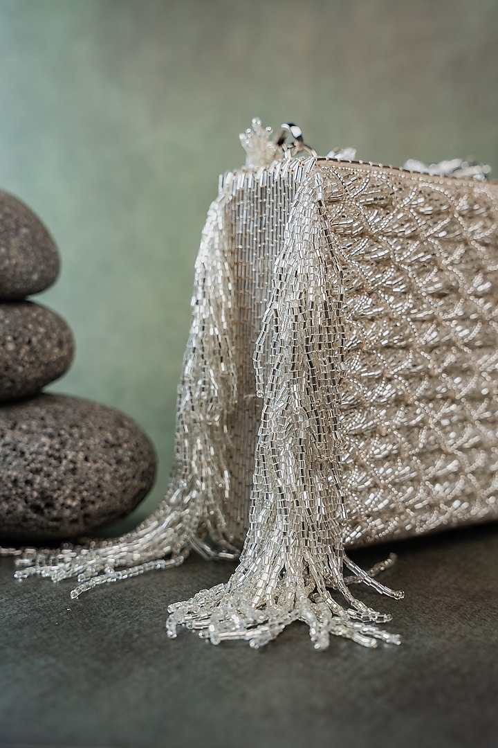 Silver Silk Thread Embroidered Clutch by Nayaab by Sonia at Pernia's Pop Up Shop
