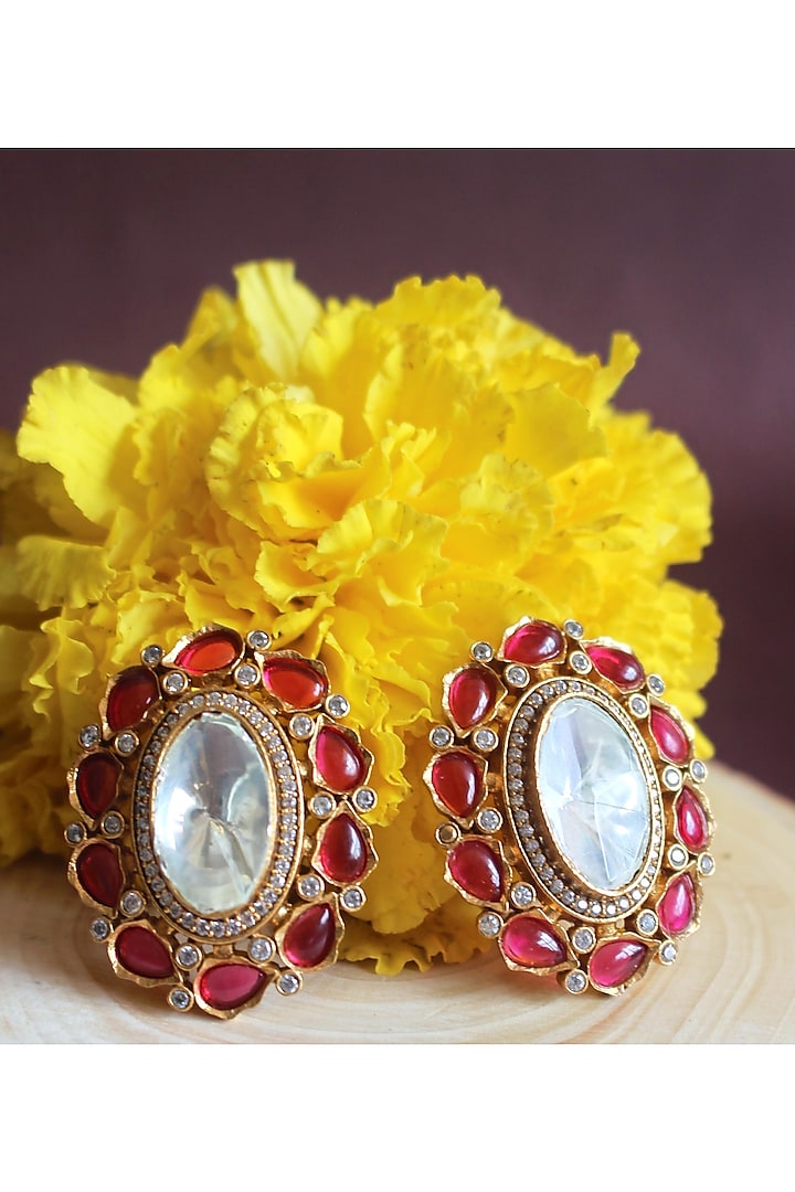 Gold Finish Semi-Precious Ruby Stone & Kundan Polki Stud Earrings by Nayaab by Sonia at Pernia's Pop Up Shop