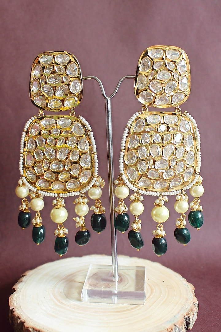 Gold Finish Kundan Polki & Pearl Dangler Earrings by Nayaab by Sonia at Pernia's Pop Up Shop