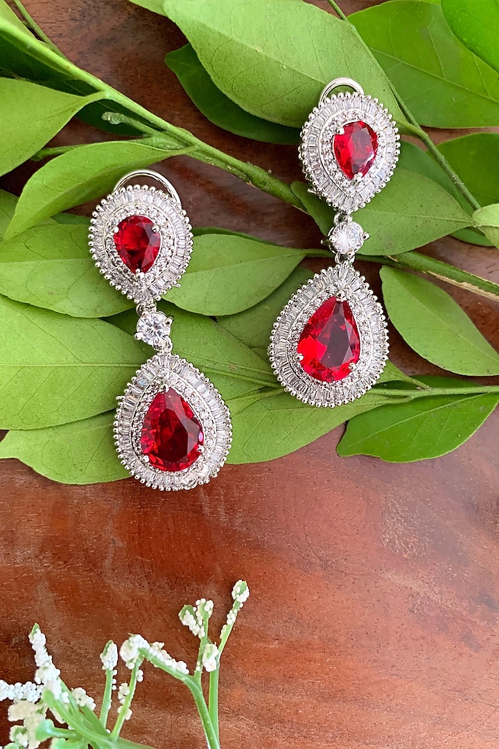 White Finish CZ Diamond & Semi-Precious Ruby Stone Dangler Earrings by Nayaab by Sonia at Pernia's Pop Up Shop