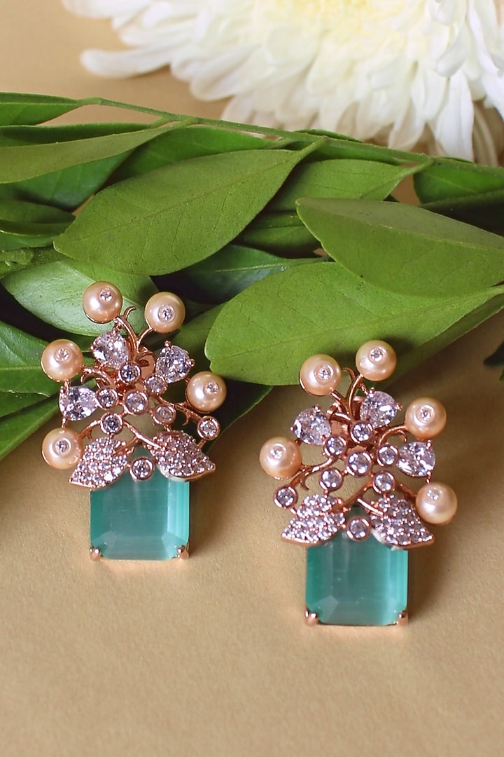 Rose Gold Finish Emerald & Pearl Stud Earrings by Nayaab by Sonia at Pernia's Pop Up Shop