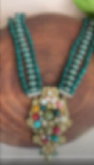 Gold Finish Emerald Beaded Temple Long Necklace by Nayaab by Sonia