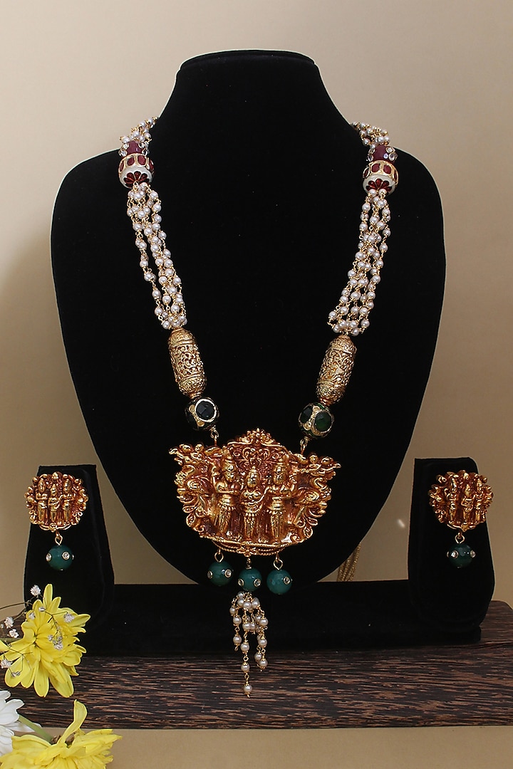 Gold Finish Pearl & Rajput Beaded Temple Long Necklace by Nayaab by Sonia