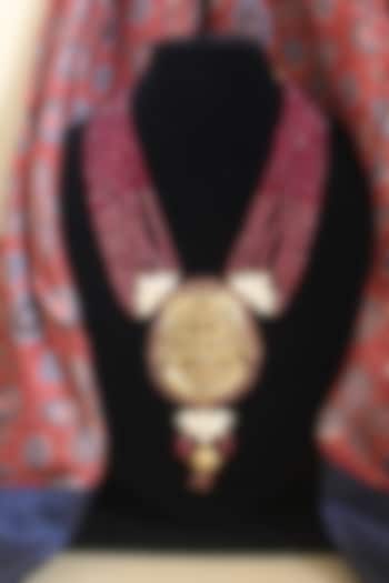 Gold Finish Maroon Beaded & Jadau Temple Long Necklace by Nayaab by Sonia