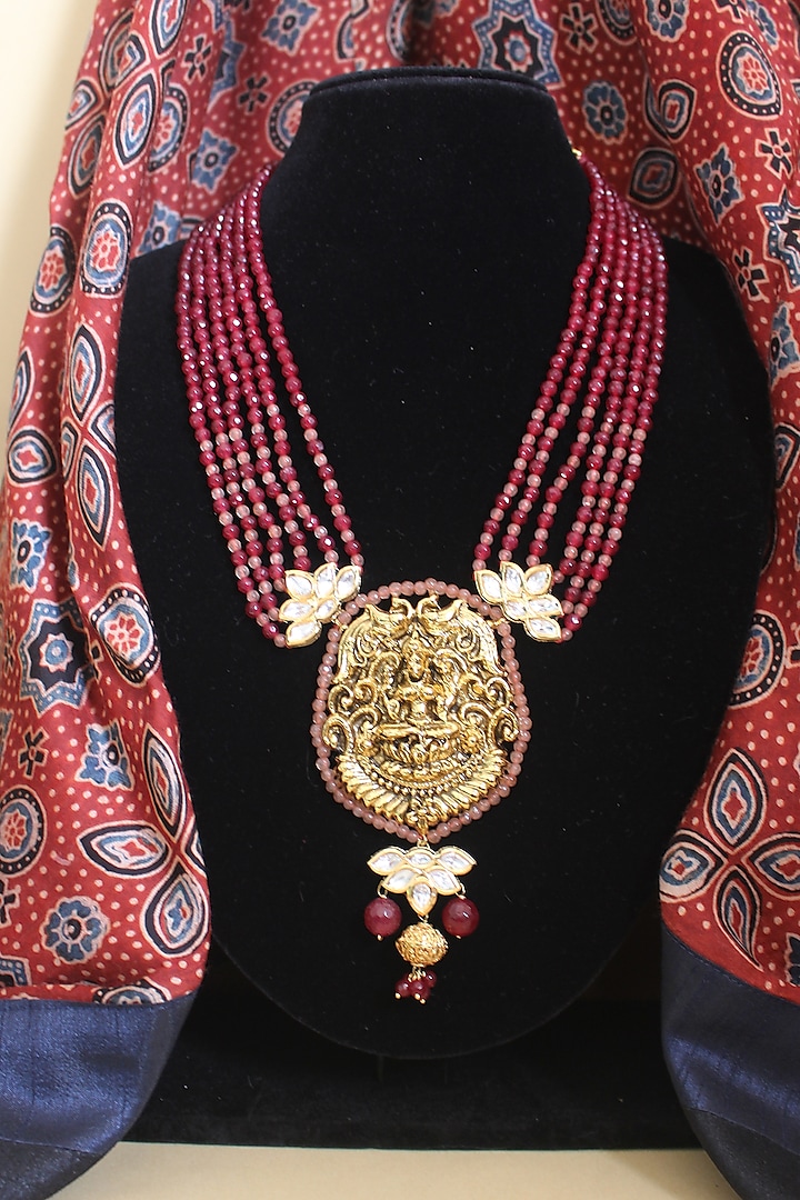 Gold Finish Maroon Beaded & Jadau Temple Long Necklace by Nayaab by Sonia
