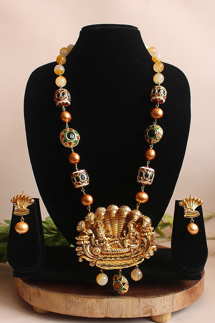 Gold Finish Handcrafted Beaded Temple Long Necklace by Nayaab by Sonia