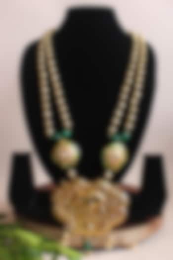 Gold Finish Beaded & Jadau Temple Long Necklace by Nayaab by Sonia