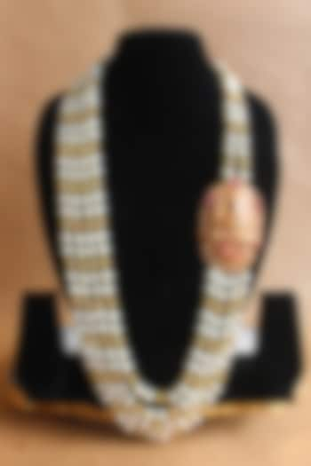 Gold Finish Beaded & Pearl Temple Long Necklace by Nayaab by Sonia at Pernia's Pop Up Shop