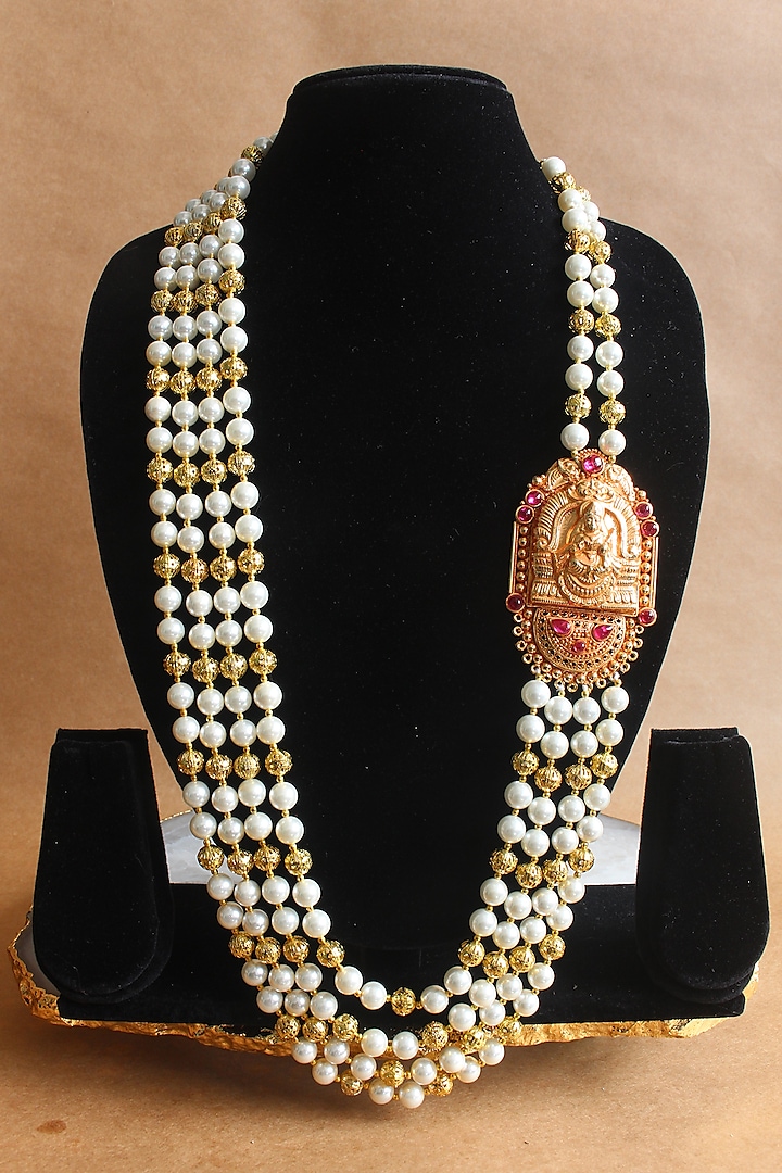 Gold Finish Beaded & Pearl Temple Long Necklace by Nayaab by Sonia at Pernia's Pop Up Shop