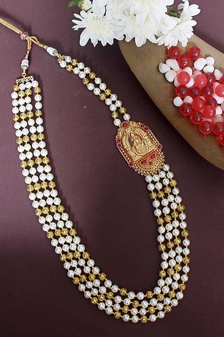 Gold Finish Beaded & Pearl Temple Long Necklace by Nayaab by Sonia at Pernia's Pop Up Shop
