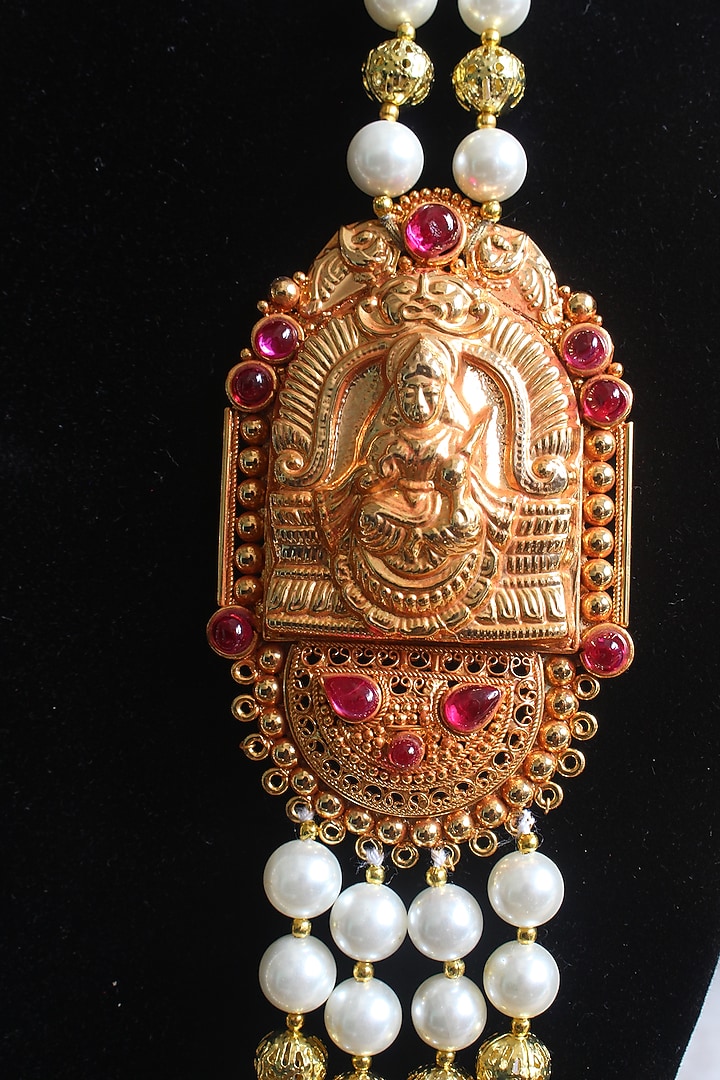 Gold Finish Beaded & Pearl Temple Long Necklace by Nayaab by Sonia at Pernia's Pop Up Shop