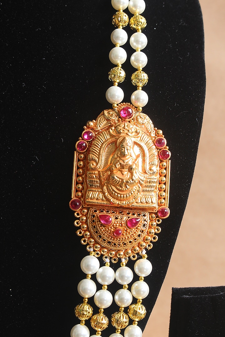 Gold Finish Beaded & Pearl Temple Long Necklace by Nayaab by Sonia at Pernia's Pop Up Shop