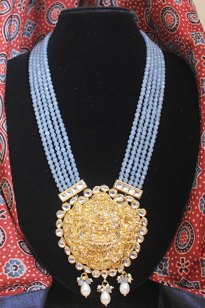 Gold Finish Grey Aquamarine Beaded & Jadau Temple Long Necklace by Nayaab by Sonia