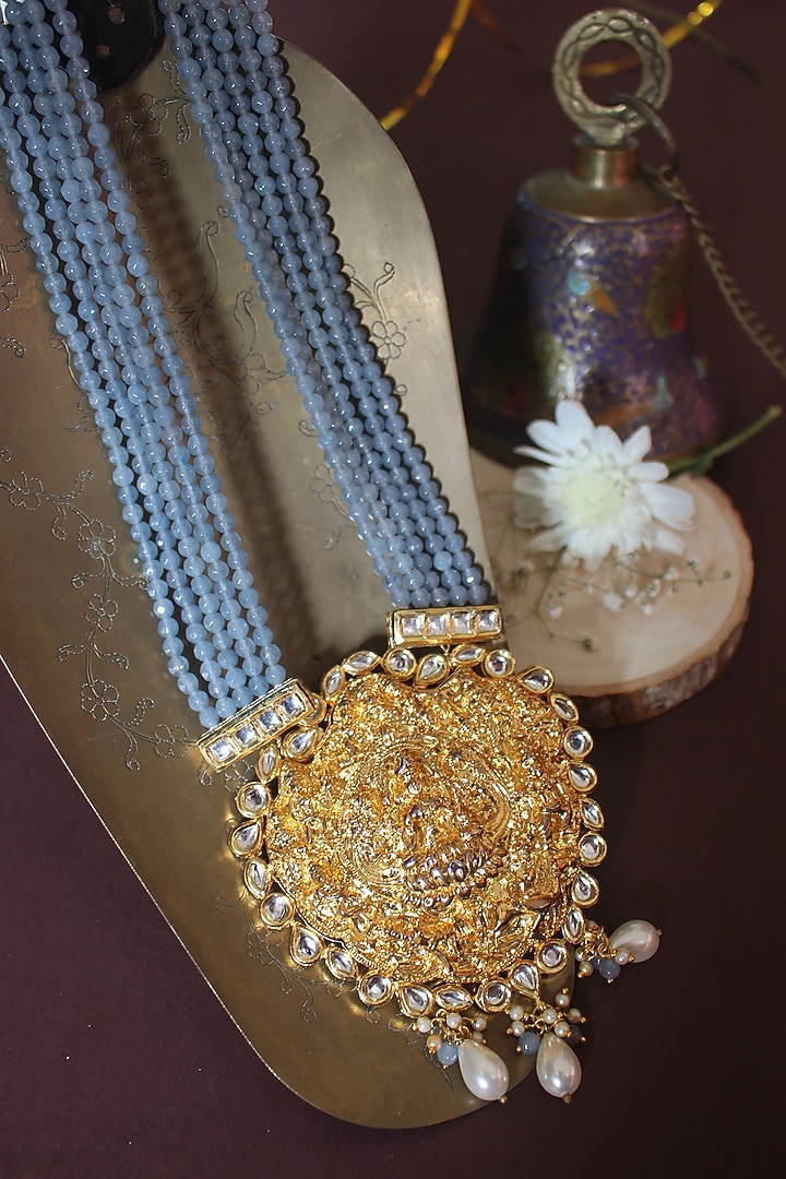 Gold Finish Grey Aquamarine Beaded & Jadau Temple Long Necklace by Nayaab by Sonia at Pernia's Pop Up Shop