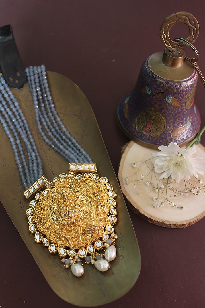 Gold Finish Grey Aquamarine Beaded & Jadau Temple Long Necklace by Nayaab by Sonia at Pernia's Pop Up Shop