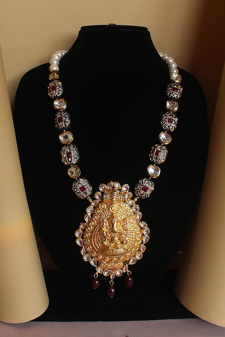 Gold Finish Beaded & Shell Pearl Temple Long Necklace by Nayaab by Sonia