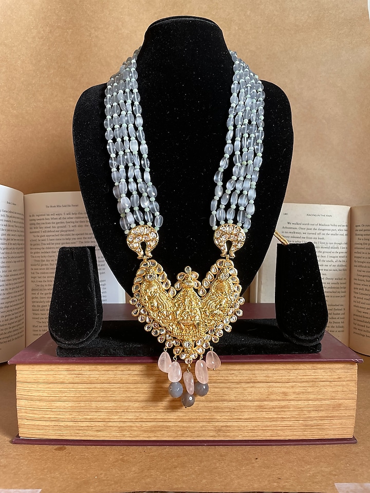 Gold Finish Grey Aquamarine Beaded & Jadau Temple Long Necklace by Nayaab by Sonia