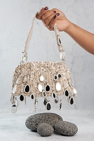 Silver Silk Mirror Embroidered Handbag by Nayaab by Sonia