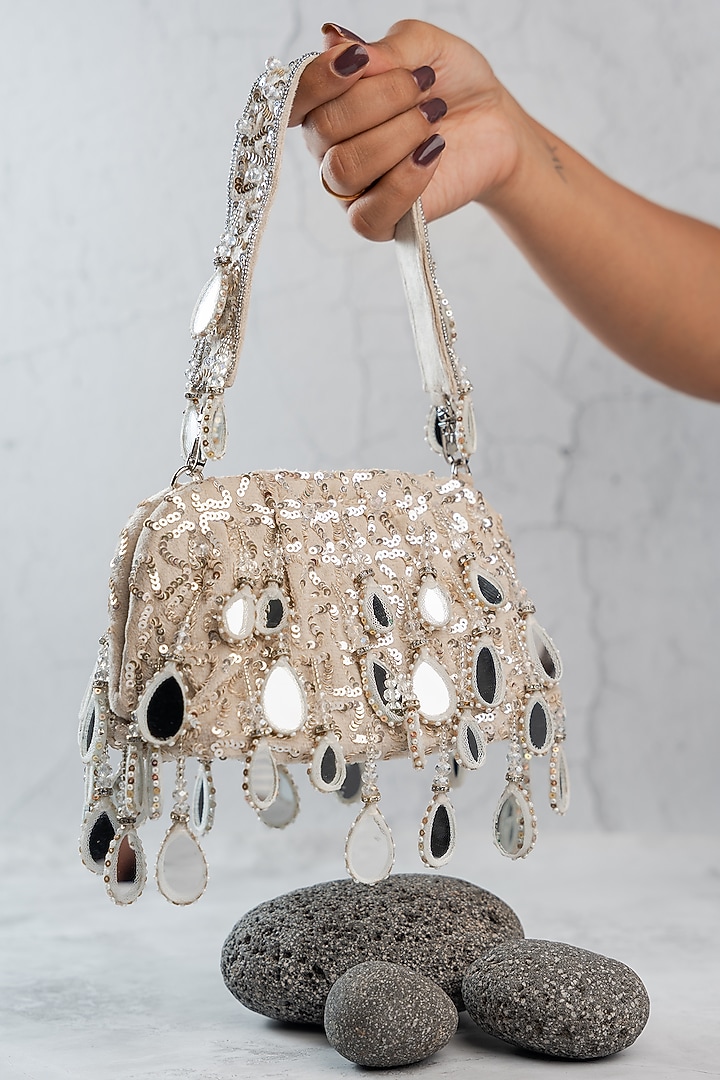 Silver Silk Mirror Embroidered Handbag by Nayaab by Sonia at Pernia's Pop Up Shop