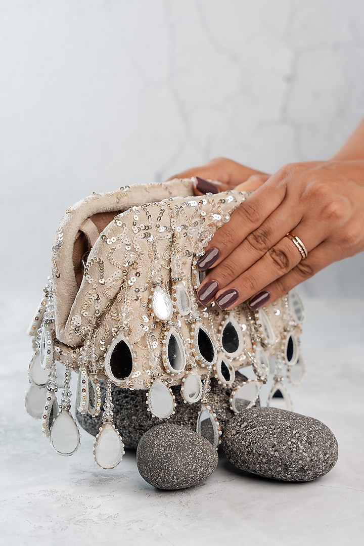 Silver Silk Mirror Embroidered Handbag by Nayaab by Sonia at Pernia's Pop Up Shop