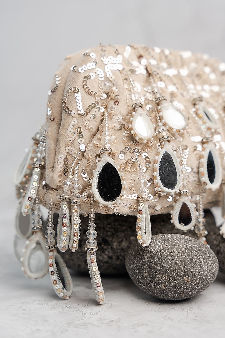 Silver Silk Mirror Embroidered Handbag by Nayaab by Sonia at Pernia's Pop Up Shop
