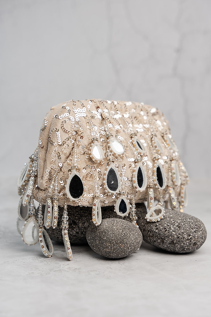 Silver Silk Mirror Embroidered Handbag by Nayaab by Sonia at Pernia's Pop Up Shop