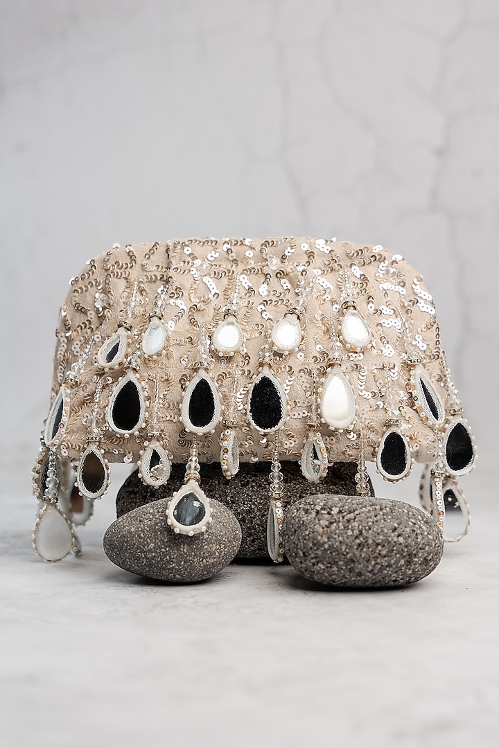 Silver Silk Mirror Embroidered Handbag by Nayaab by Sonia at Pernia's Pop Up Shop