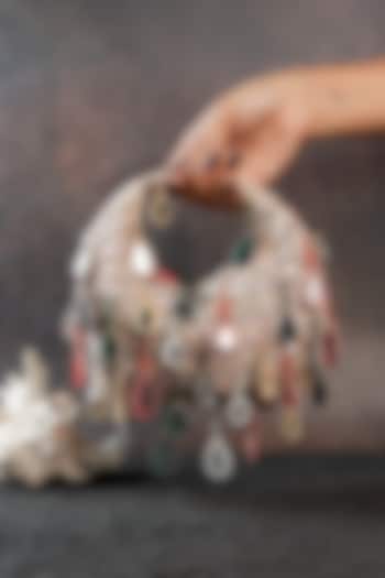 Ivory Silk Multi-Colored Beads Embroidered Handbag by Nayaab by Sonia at Pernia's Pop Up Shop