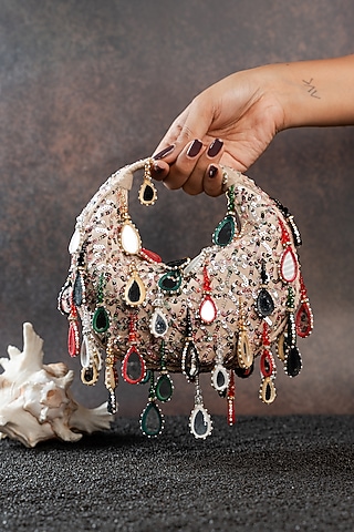 Ivory Silk Multi-Colored Beads Embroidered Handbag by Nayaab by Sonia