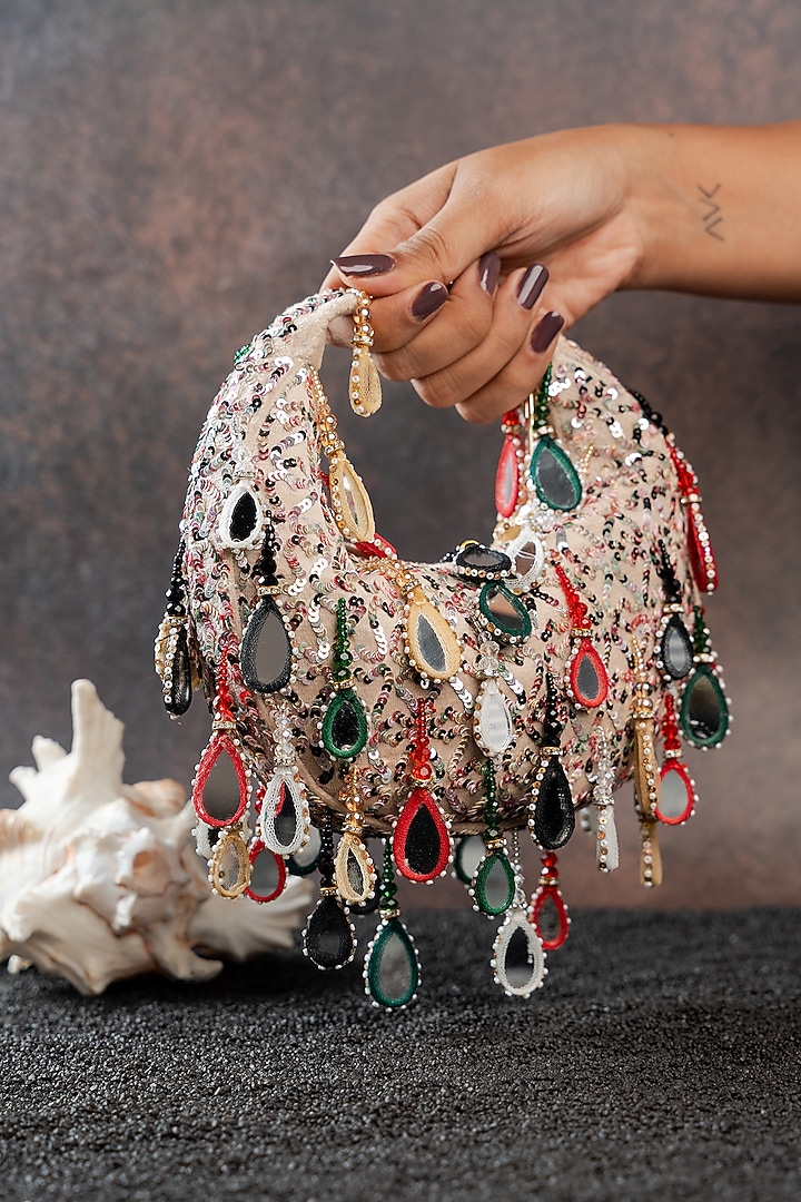 Ivory Silk Multi-Colored Beads Embroidered Handbag by Nayaab by Sonia at Pernia's Pop Up Shop