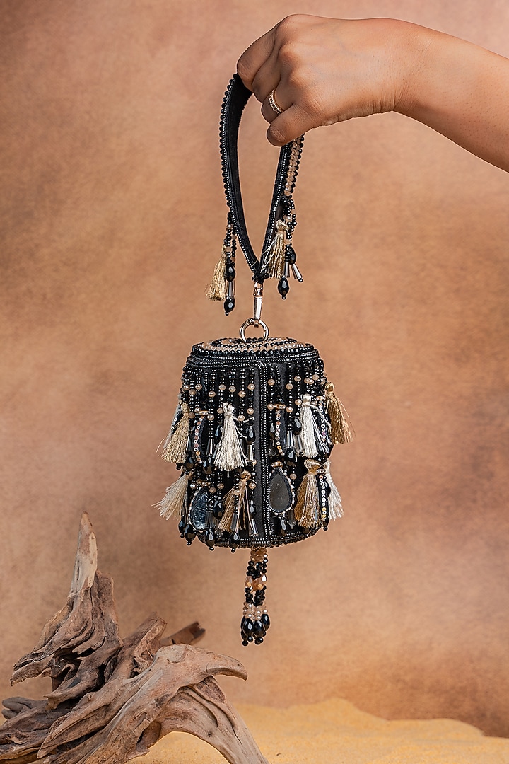 Black Velvet Mirror Embroidered Cylindrical Bag by Nayaab by Sonia at Pernia's Pop Up Shop