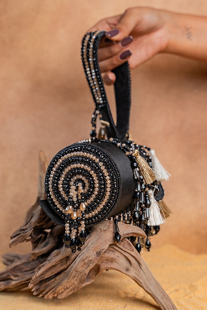 Black Velvet Mirror Embroidered Cylindrical Bag by Nayaab by Sonia at Pernia's Pop Up Shop